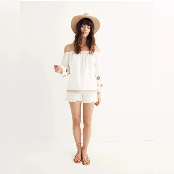 Madewell Embroidered Off-the-Shoulder White Top Floral Boho Crop Relaxed Fit - Picture 11 of 11